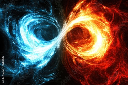 Abstract swirling flames and ice.  Intertwined forces collide