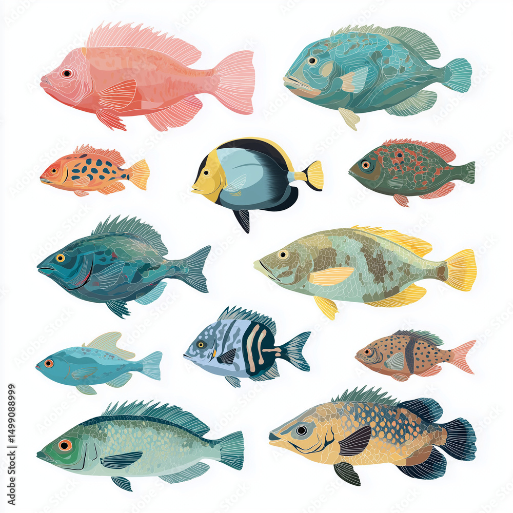 Naklejka premium Colorful Underwater Life: A vibrant collection of diverse fish, each with unique patterns and hues, gracefully swimming together, offering a glimpse into the underwater world.