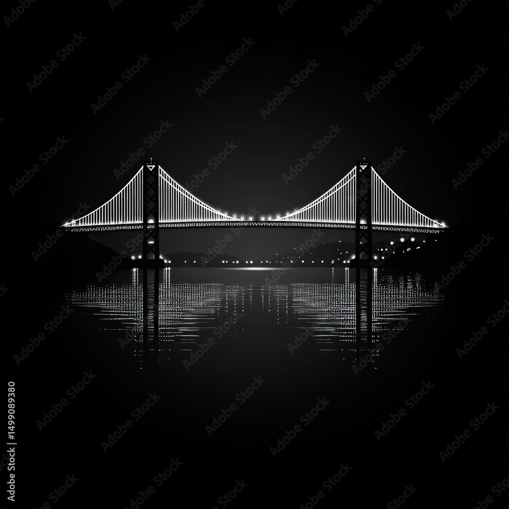 Fototapeta premium Night view of a suspension bridge over water