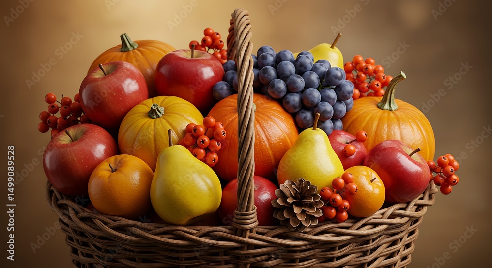 Autumn Harvest: A Bountiful Basket of Colorful Fruits and Pumpkins