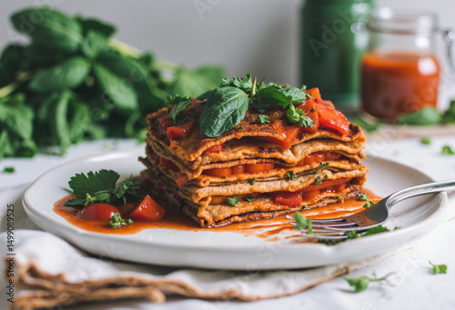 A layered lasagna sits on a white plate, garnished with fresh tomatoes and basil, with a rustic aesthetic. - Generative AI