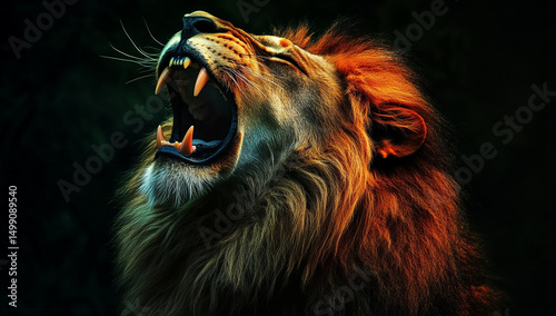 Fierce lion roar in colorful digital style on a dark canvas