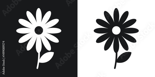 Simple daisy flower silhouette in black and white with stem and leaf in vector format