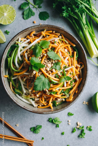 A vibrant Pad Thai noodle dish sits in a rustic bowl, garnished with herbs and lime, ready to be enjoyed. - Generative AI
