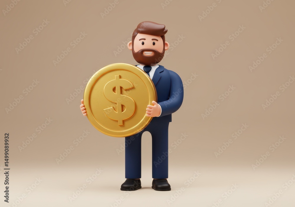 3D Illustration of Cartoon businessman holding a large gold coin with dollar sign 3D Illustration of Cartoon businessman holding a large gold coin with dollar sign