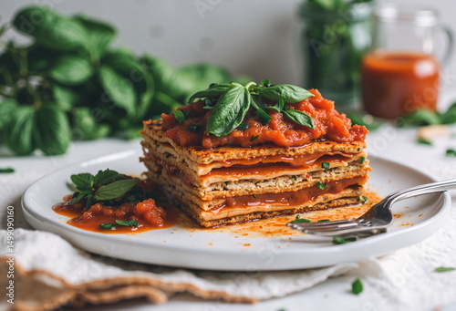 A slice of lasagna sits on a plate, topped with tomato sauce and basil, with a glass of sauce nearby. - Generative AI
