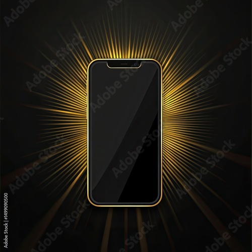 Sleek black smartphone with golden trim, centrally positioned against a dark background with radiating golden light streaks