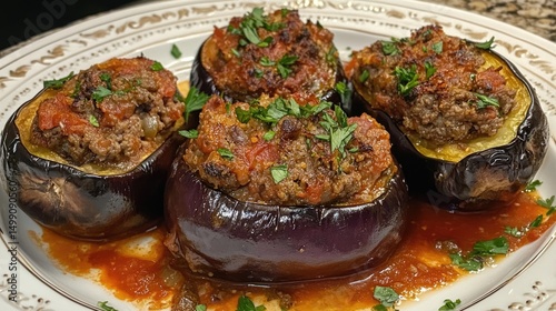 Close-up of Delicious Stuffed Eggplants in Rich Tomato Sauce