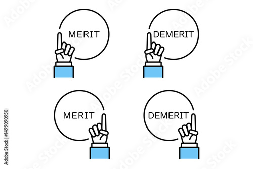 メリットとデメリットの文字を指差しするビジネスマンの手のイラスト