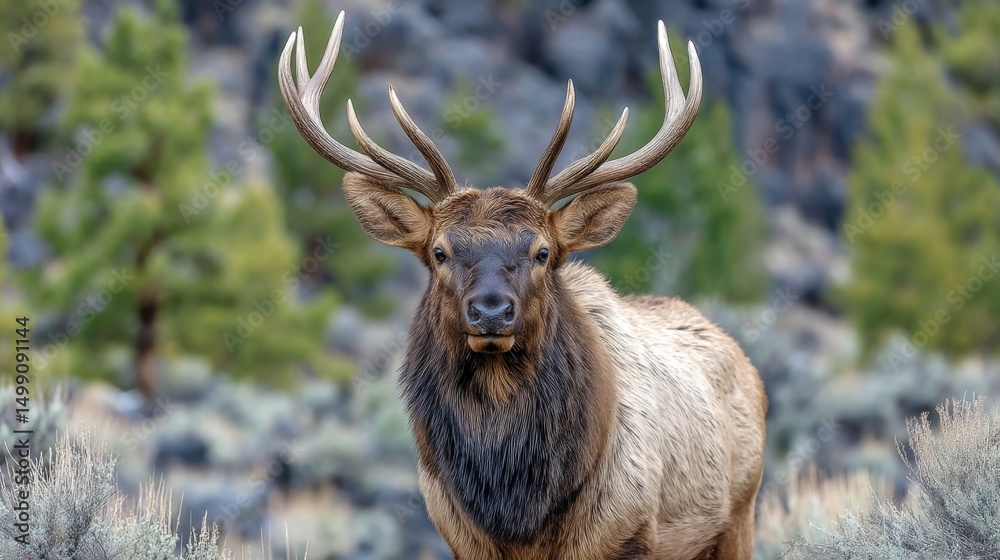 Fototapeta premium Majestic elk with large antlers standing in a natural forest landscape