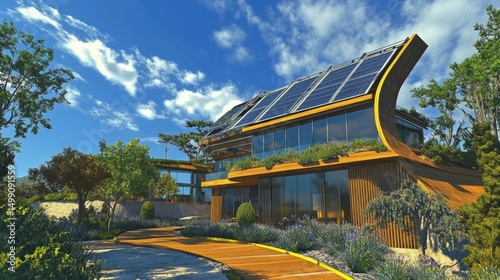Eco-Friendly Modern House with Solar Panels and Lush Garden