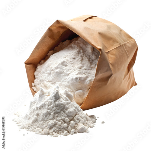 Open Paper Bag of Flour: An open brown paper bag spilling white flour, natural texture, PNG photo