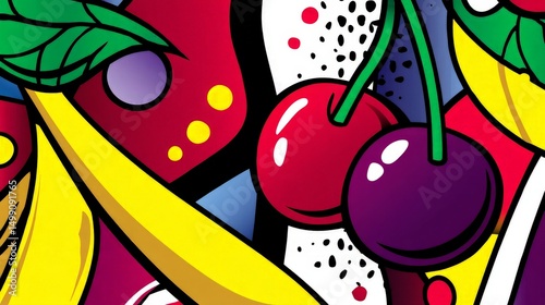 Vibrant Abstract Illustration of Bananas and Cherries on Colorful Background