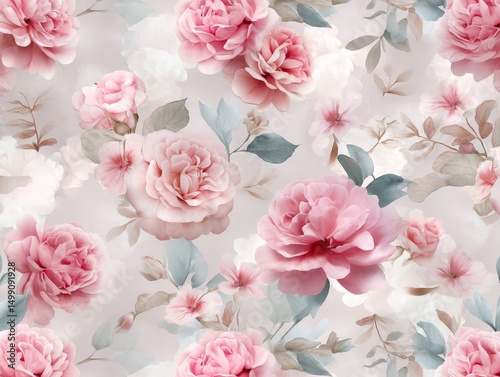 Delicate Watercolor Pattern of Blooming Roses on Soft Background