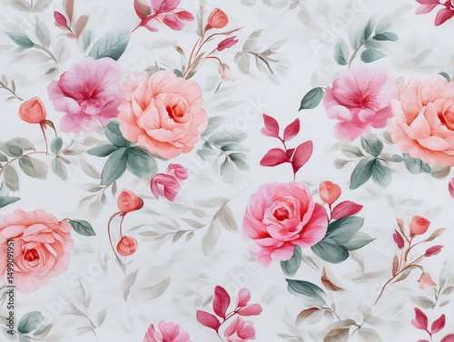 Delicate Watercolor Pattern of Blooming Roses on Soft Background