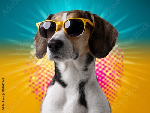 Playful Dog Wearing Sunglasses Against Vibrant Neon Background