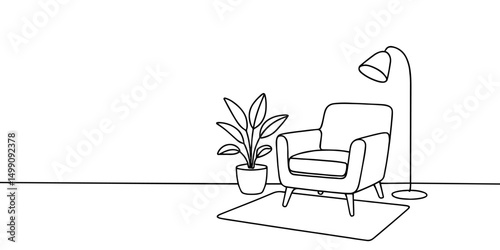 Continuous line interior with armchair, plant, floor lamp and carpet. One line drawing of Living room with modern furniture editable stroke. Single line. Handdraw contour. Flower in pot. Doodle vector