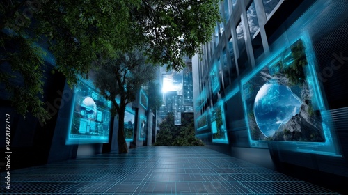 Futuristic Virtual Reality Landscape with Holographic Displays