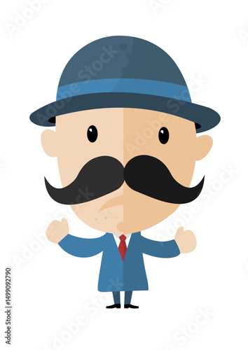 Cartoon Detective  or Gentleman  Character with Raised Hands  with Mustache and Bowler Hat  – Full Body Vector Illustration