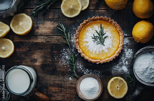 Photo of a lemon tart with rosemary and powdered sugar on top, arranged in an elegant style, surrounded by ingredients like lemon slices, sugar, and milk. The background is a dark wood table photo