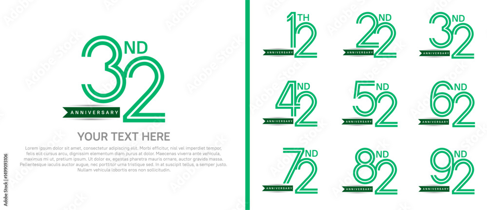 Naklejka premium logo anniversary set. green color with ribbon on white background for special event