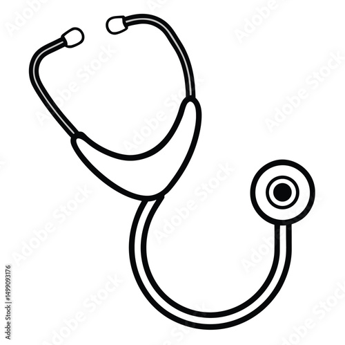 A simple illustration of a stethoscope, featuring the earpieces at the top, a curved tubing connecting to a chest piece, and a circular diaphragm at the end. The design is minimalist with clean lines