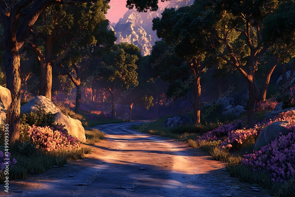 Fototapeta premium A serene forest path surrounded by trees and flowers at dusk.