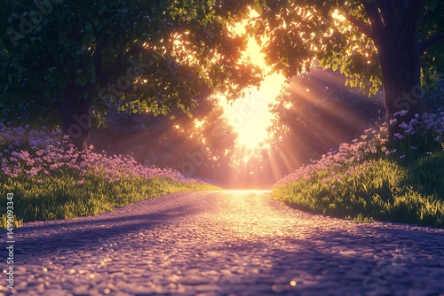 A serene pathway illuminated by sunlight, surrounded by lush greenery and blooming flowers.
