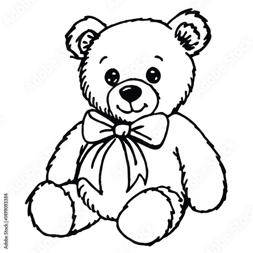 A cute, fluffy teddy bear sitting upright. It has round ears, a small nose, and large eyes, giving it a friendly expression. The bear is adorned with a big bow around its neck.