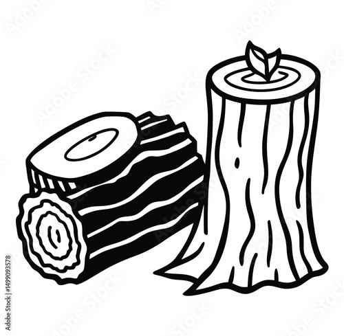 Wood-themed vector with a textured log and a tree stump sprouting. Natural details and clean lines make it ideal for lumber, DIY, woodworking, nature icons, craft eco, forestry designs, and graphics.