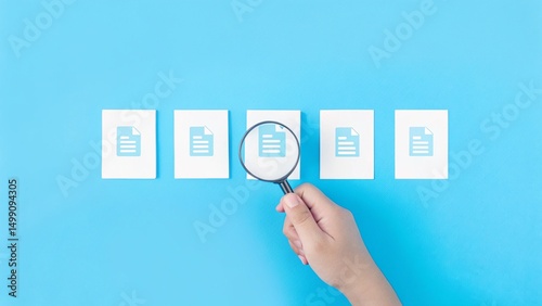 A hand holding a magnifying glass focuses on one document among several documents arranged horizontally