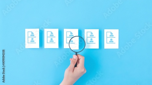 A hand holding a magnifying glass focuses on one document among several documents arranged horizontally