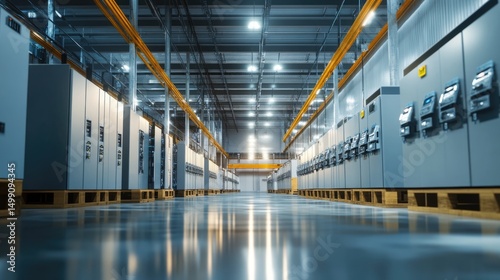 Industrial Interior: Rows of Modern Electrical Panels in a Clean Facility