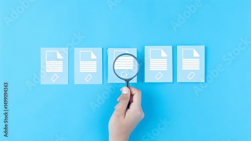 A hand holding a magnifying glass focuses on one document among several documents arranged horizontally
