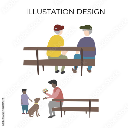  Outdoor Activities In Park. Man Sitting On Bench, illustation design