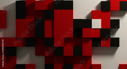 Geometric Volumetric Illusion: An Abstract Composition of Red and Black Rectangular Forms with Varied Depths in a Dynamic Arrangement