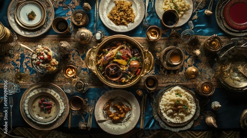 Lavish Golden Table Setting with Exquisite Middle Eastern Cuisine