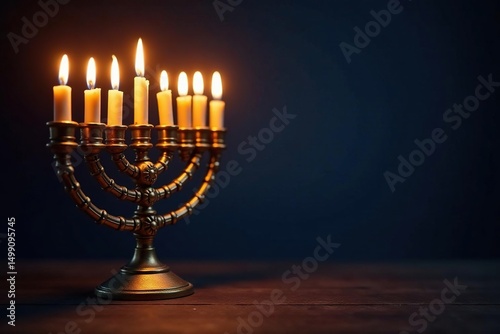 A traditional menorah lit for Hanukkah, glowing warmly against a dark background , flame, festival