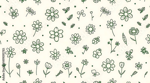 Floral Pattern with Daisy Flower, Leaf, Turtle Doodle