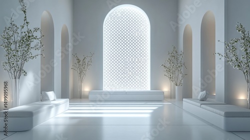 Modern Minimalist White Interior with Archways and Ornate Window