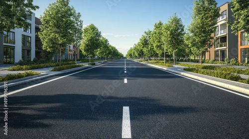 Modern Residential Street with Lush Green Trees and Asphalt Road