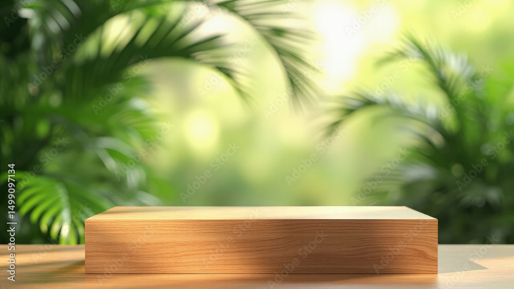 Fototapeta premium Wooden product display platform with palm leaves in background perfect for product showcase
