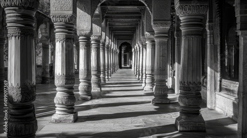 Monochrome Perspective: Architectural Columns and Shadows in a Historic Corridor