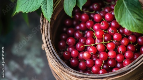 Red Currants in Rustic Wooden Bowl, Close Up, Summer Berries