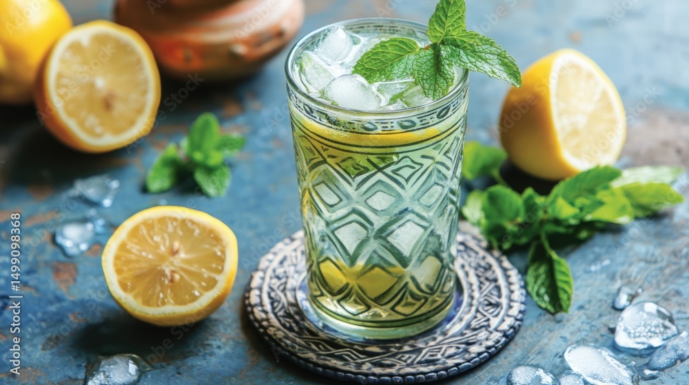 Fototapeta premium Refreshing Iced Mint Lemonade Drink in Ornate Glass