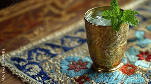 Refreshing Mint Drink in Ornate Brass Cup on Colorful Mat