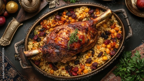 Roasted Leg of Lamb with Couscous and Dried Fruits in Antique Dish