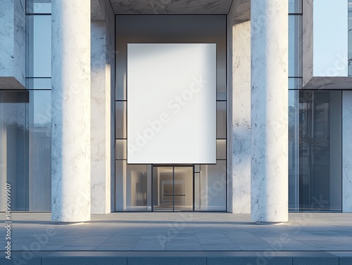 A large blank poster hangs on a modern building s marble facade  flanked by columns and glass doors.  Sunlight illuminates the scene