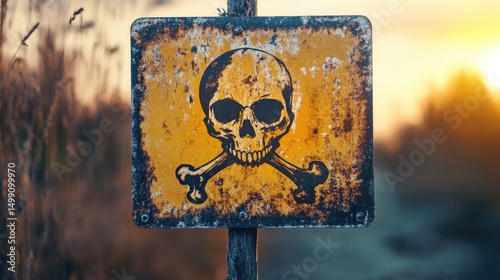 Rusty Skull and Crossbones Sign at Sunset, Grunge Warning, Danger Sign