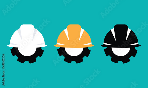 Vector illustration of three construction hard hats in white, yellow, and black colors with gear icons, representing safety, engineering, and industry. Ideal for construction or industrial themes.